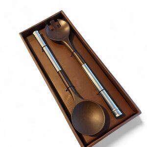 Atticus Salad Server Set 2pc Wood & Stainless Steel Mid Century Modern NOS Gift